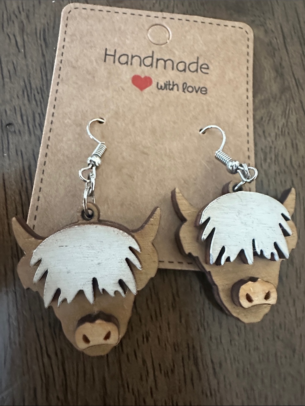 Handmade Kids Brown & White Highland Cow Wooden Earrings